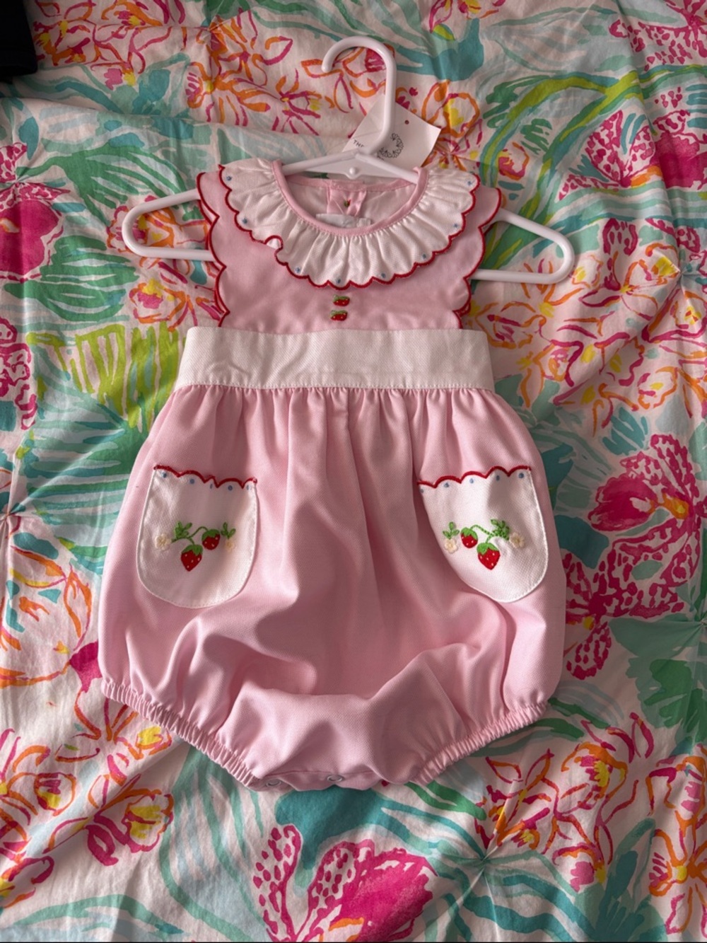 THE PROPER PEONY - Pink Baby Bubble Romper with Strawberry Pockets
